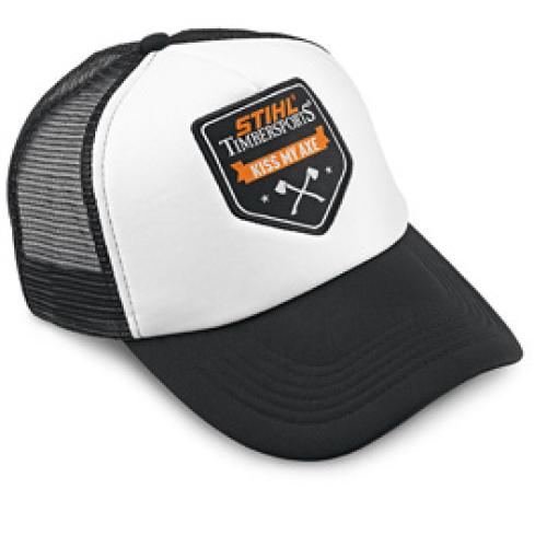 Casquette camionneur Kiss my axe Stihl Timbersports, noire et blanche.